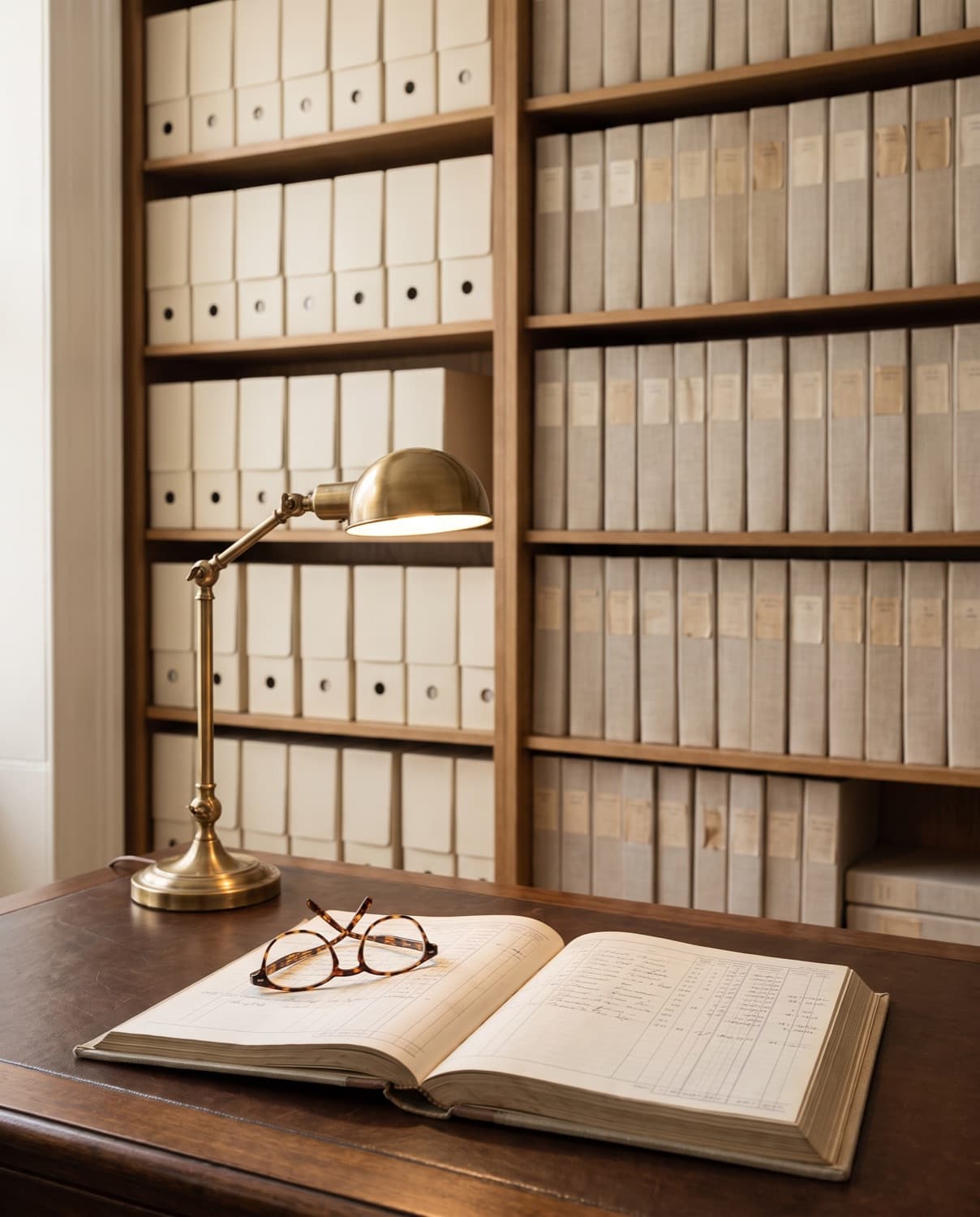 A quiet diligence room with binders, a brass lamp and reading glasses