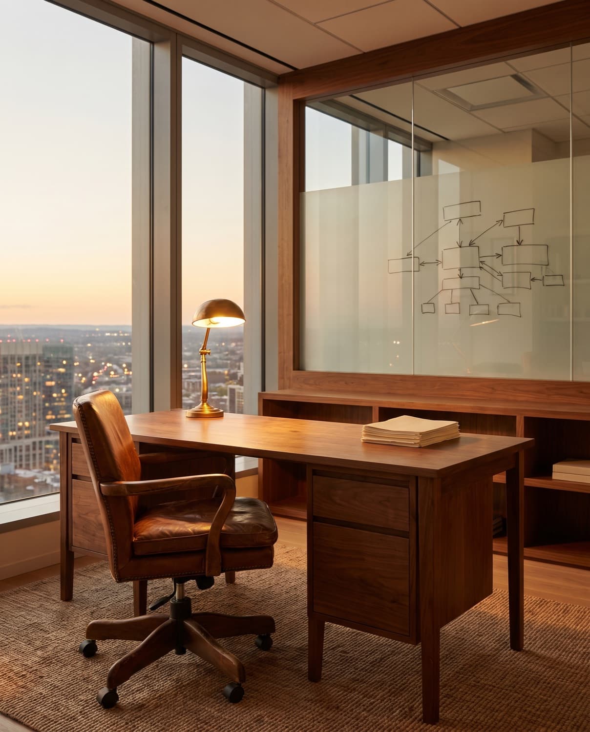 An empty founder's office at dusk, the chair pushed back from the desk