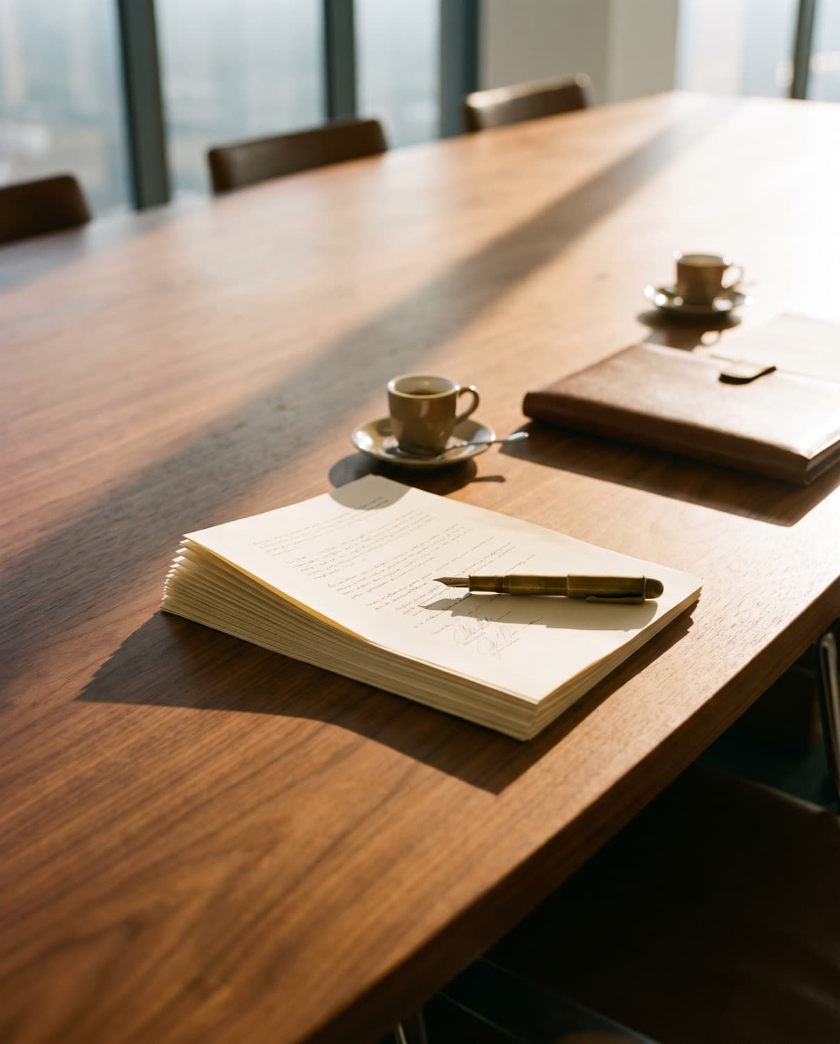 A walnut boardroom table with a signed agreement, a brass pen and an espresso